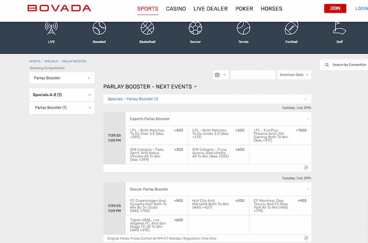 An image of the parlay booster screen at Bovada, illustrating the risks and disadvantages of betting a multi-leg parlay online.